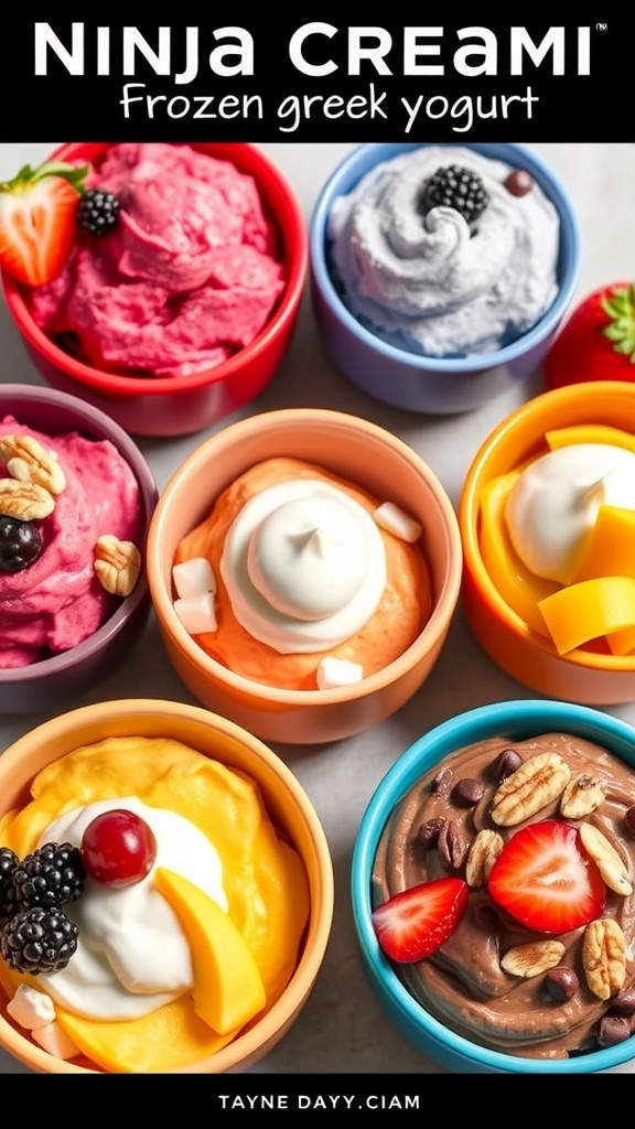 Frozen Greek yogurt desserts in bowls, topped with fresh fruits and nuts, made using the Ninja Creami.
